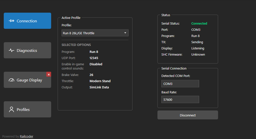 SimHogger Suite connection, active profile, and serial status screen
